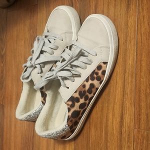 SCOOP Leopard Print Sequin Bling White Lace Up Sneakers Tennis Shoes Size 8.5